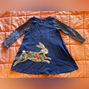 Mini Boden Blue Dress with Striped Sleeves and Rabbit Appliqué Easter Spring